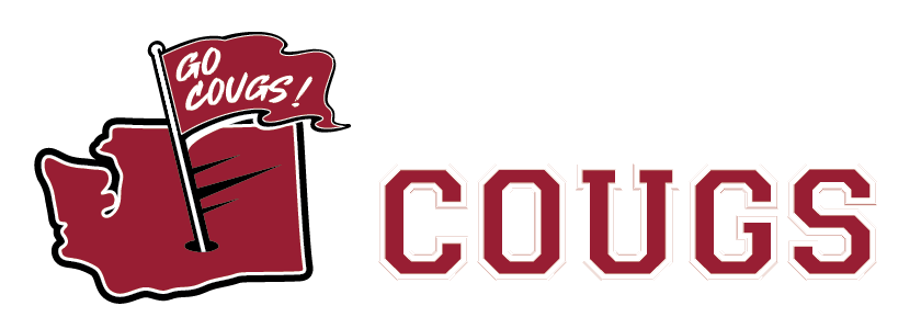 Washington state silhouette with Go Cougs flag and text