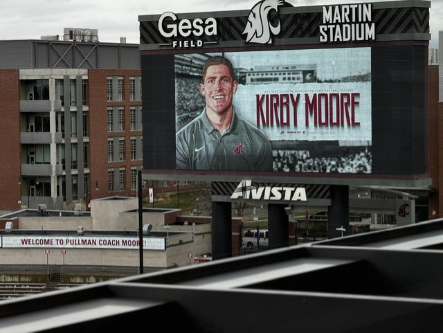 Stadium scoreboard displaying Kirby Moore at Gesa Field